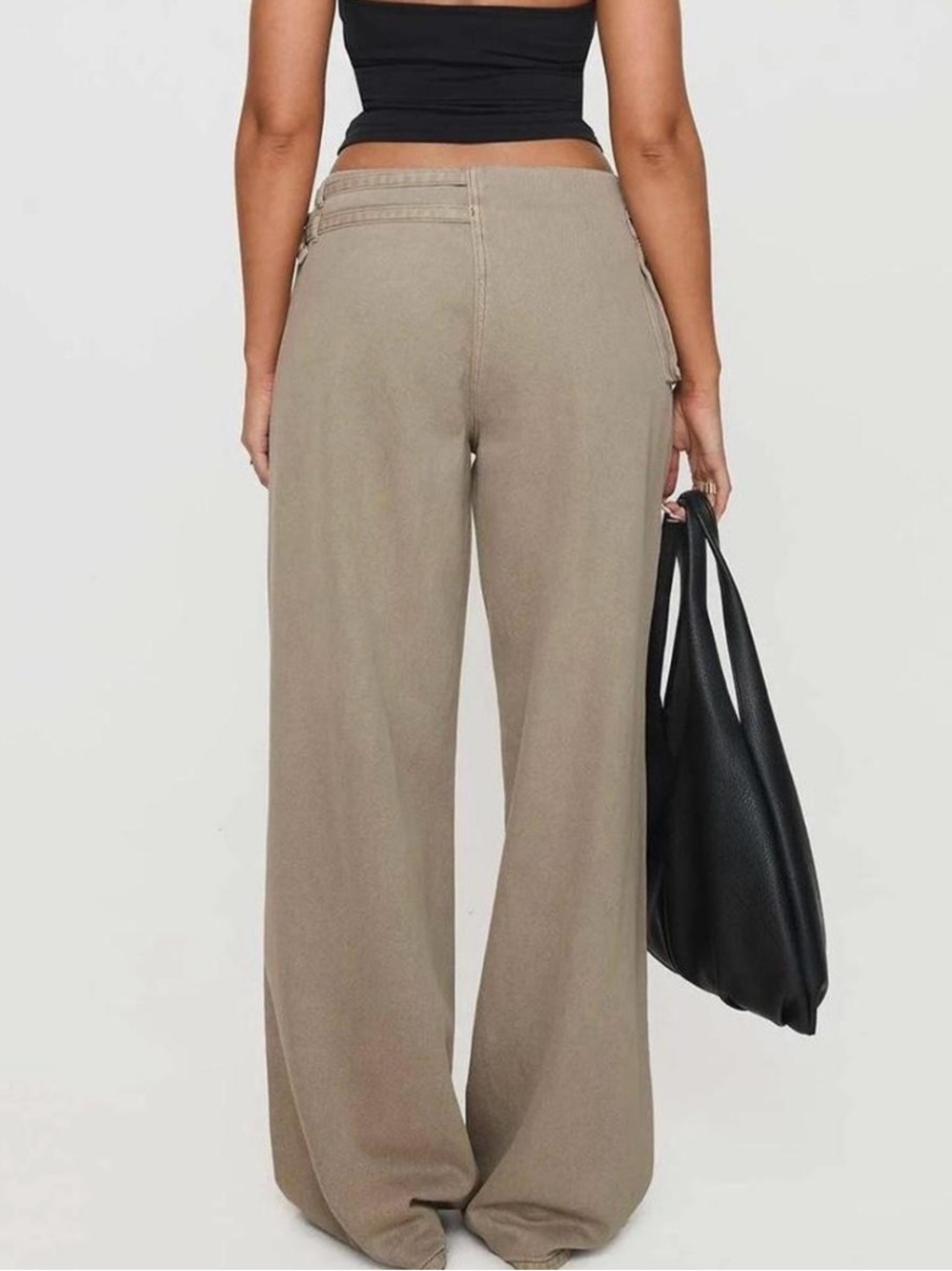 Princess Polly Taupe Wide-Leg Satin Pants with Double Belt Detail - Picture 3 of 4